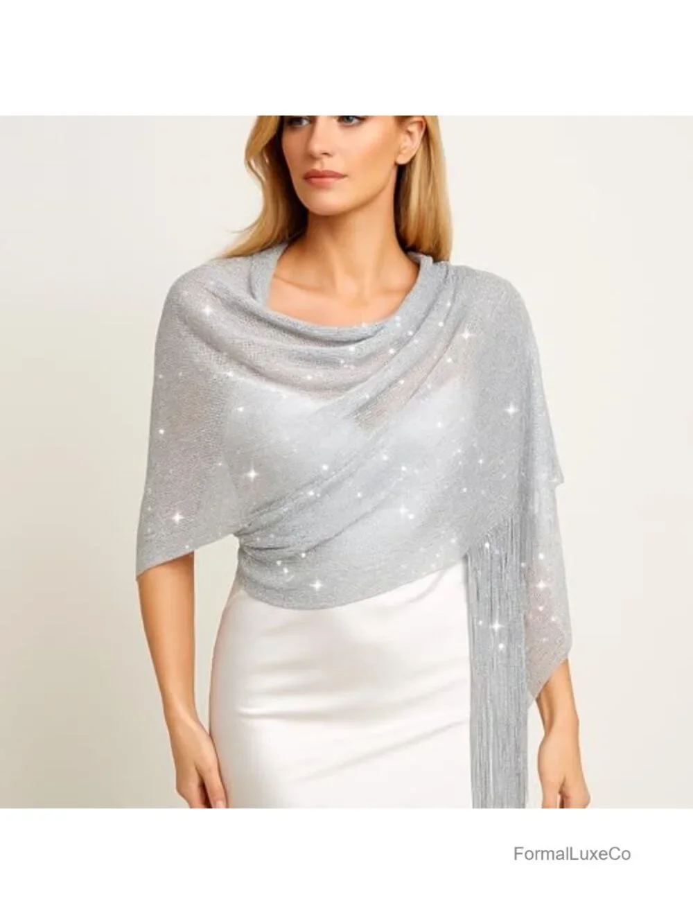 Women's Silver Glitter Fringe Shawl Wrap for Evening Dresses Bridal Capelet